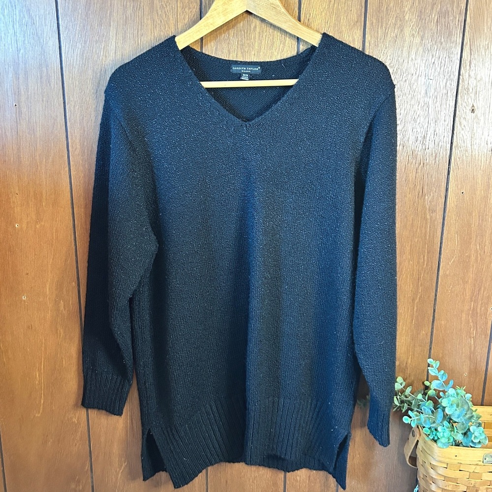 Carolyn Taylor Womens 1X/1X Black V Neck Long Sleeve Tunic Sweater Pullover